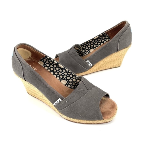 TOMS Calypso Ashgray Espadrille Peep Toe Wedge Comfort Canvas Heel - Picture 2 of 8